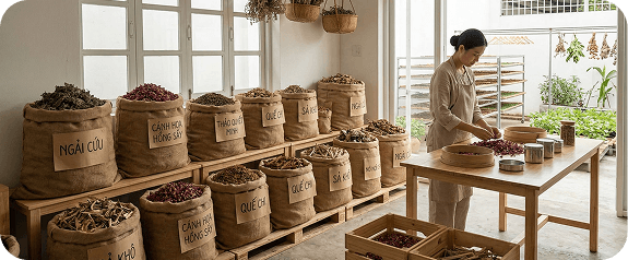 Không gian chuẩn bị nguyên liệu thảo dược